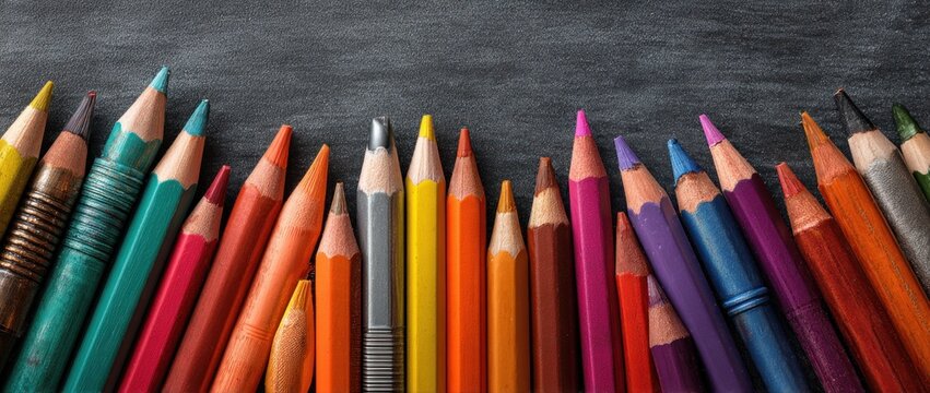 Vivid array of colored pencils arranged against a textured dark gray background, creating a sense of creativity and artistic expression