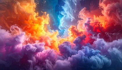 Fototapeta premium Dynamic Swirls of Multicolored Vapors Forming an Ethereal Abstract Background, Showcasing Vibrant Hues of Orange, Blue, and Purple in a Captivating Cloudscape