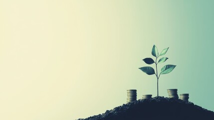 A collection of growing financial icons (stocks, bonds, investments) with a tree or plant  on blurred background