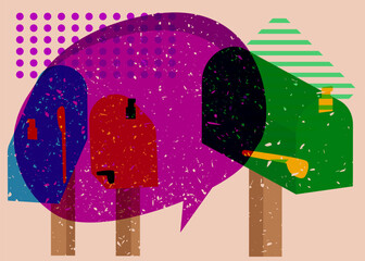 Risograph Mailbox with speech bubble with geometric shapes. Objects in trendy riso graph print texture style design with geometry elements.