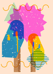 Risograph Mailbox with speech bubble with geometric shapes. Objects in trendy riso graph print texture style design with geometry elements.