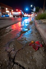 Wet street at night reflects car lights, a fallen leaf rests on cracked pavement, and traffic blurred in background