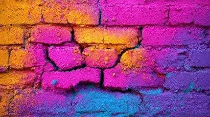 Close-up of a cracked brick wall vividly painted with bright pink, yellow, purple, and blue colors