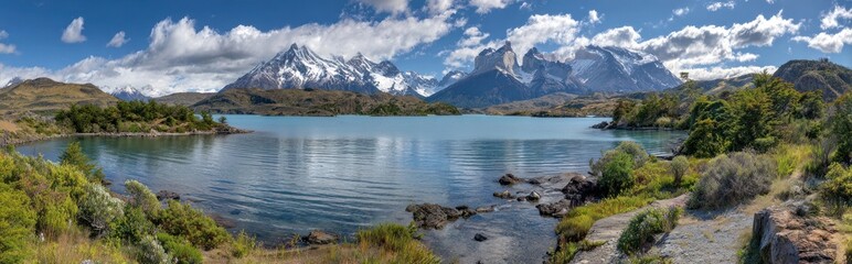 Serene lake surrounded by lush greenery and snow-capped mountains under a bright, partly cloudy sky, creating a tranquil panoramic vista