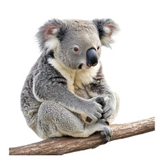 Naklejka premium Koala sitting A koala sits on a branch or the ground, legs bent and arms relaxed. full length isolate on transparent background
