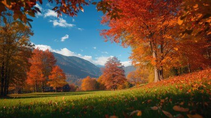 A vibrant autumn scene unfolds with brilliant fall foliage adorning trees against a backdrop of rolling hills and a clear blue sky.