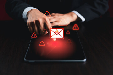 Concept of email security inbox alert, notification icon, warning spam, junk mail, virus compromise information, highlighting of protection in internet communication, modern email technology.
