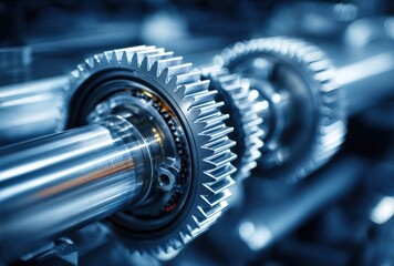 A close-up of shiny, metal gears mounted on a polished shaft, illuminated with reflected light, showcasing intricate mechanical design