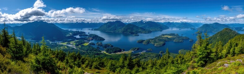 Panoramic vista from lush mountain forests revealing a vast, serene lake with multiple forested islands under a cloudy, bright blue sky