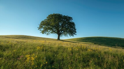 A solitary tree stands tall on a sun-drenched, grassy hilltop, beneath a vast, vibrant blue sky.
