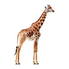 Fototapeta premium Giraffe standing A giraffe stands tall with its long neck extended and head high. full length isolate on transparent background