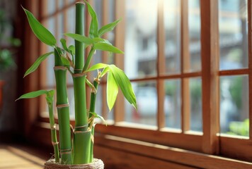 A bamboo plant with vibrant green leaves sits in a woven pot against a window with sunlight shining through the panes