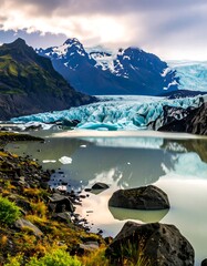 Glacier reflecting in calm lake