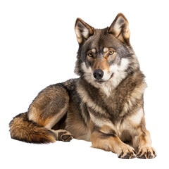 Obraz premium Wolf resting A wolf lies down or sits with its tail wrapped around its body, eyes relaxed. full length isolate on transparent background