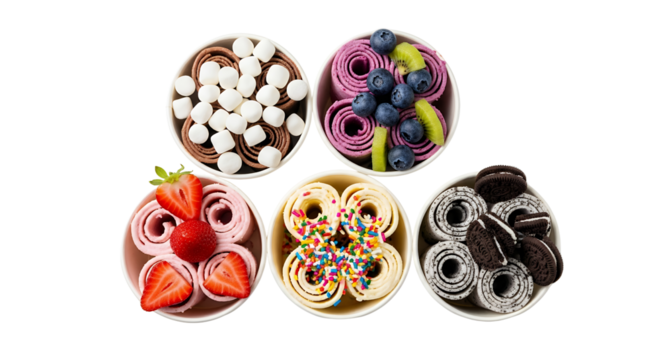 Top view various five rolled ice cream in a bowl, white background isolated