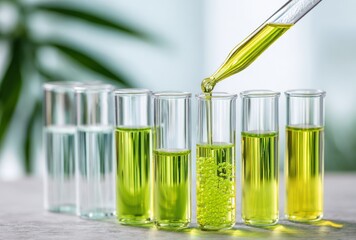 Dropping liquid in test tube filled with green liquid. Blurry plant in background