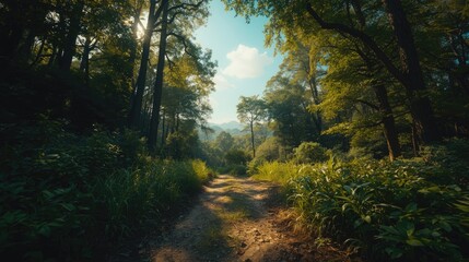 Obraz premium A sun-drenched woodland path winds through a lush green forest, dappled with sunlight.