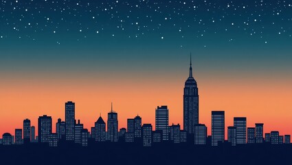 Fototapeta premium Silhouette of a modern city skyline at twilight, showcasing illuminated buildings against a vibrant sunset and starry night sky.