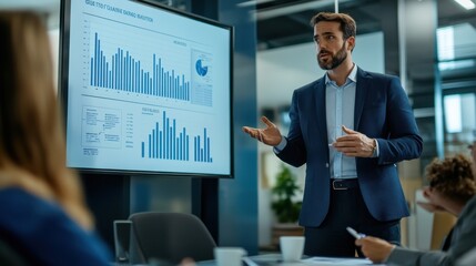 officer explaining business compliance regulations in a meeting with a quality assurance chart displayed on a screen, soft-focus background