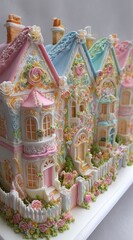 Naklejka premium Pastel-colored intricate row of delicate, detailed, gingerbread-like houses with floral accents and ornate decorations