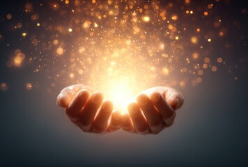 Hands gently cradle a cascade of golden sparkles against a dark backdrop, suggesting offering or receiving something magical and ethereal