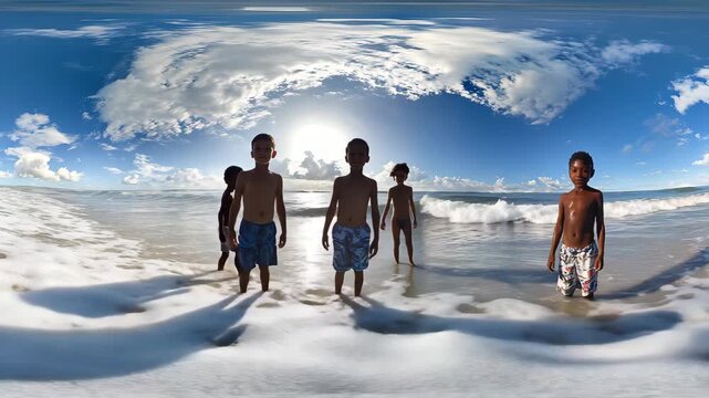 Children standing in the ocean waves on a sunny day with a clear blue sky