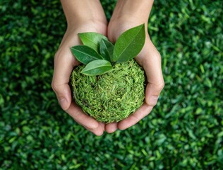 Gentle hands cradle a mossy sphere topped with leaves, set against a lush green field