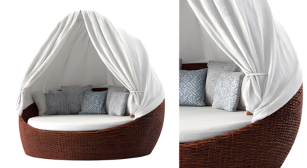 A round daybed with a canopy, featuring light-toned cushions and a dark brown wicker frame, creates a relaxing outdoor seating experience.