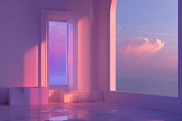 Pastel-toned interior with window view of sunset