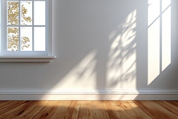 Sunlight streams into a room with a window and wood floor, casting shadows on the pale wall