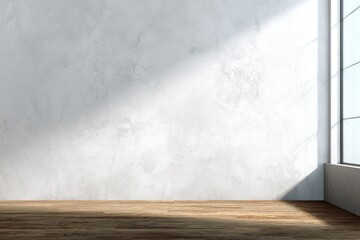Empty, light-filled room with textured wall and wood floor. Sunlight casts a shadow