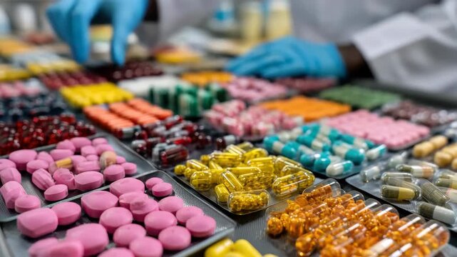 Colorful assortment of various medicine tablets, capsules, and supplements arranged in an organized fashion on a laboratory table for pharmaceutical research