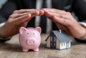 Piggy bank and model home on a wood table being protected by hands in a suit