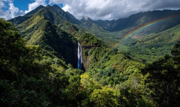 Scenic landscape waterfall plunges from lush mountains; vibrant rainbow arcs across the vista; clouds drift over peaks, bright foliage in foreground