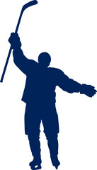 hockey player silhouette celebratory goal, triumphant pose, ice victory, isolated on transparent background