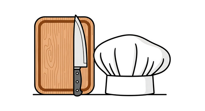 Chef's essentials: Cartoon illustration of a knife on cutting board with chef's hat