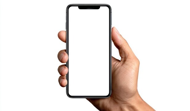 Hand holds a smartphone with a blank white screen, isolated against a plain white background, showcasing device portability and user interaction