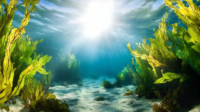 A tranquil underwater seascape with sun rays illuminating a vibrant green kelp forest