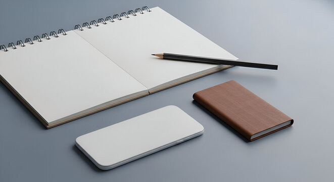 Open spiral notebook with blank pages black pencil smartphone and brown journal.