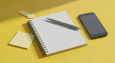 Open Spiral Notebook with Pen Sticky Notes and Smartphone on Sunny Yellow Surface.