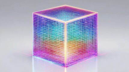 A vibrant, iridescent cube with a grid-like texture, glowing with a multicolored, neon-like outline, rests 