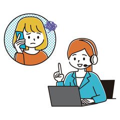 相談を受けるコールセンターの女性のイラスト　悩む　困る