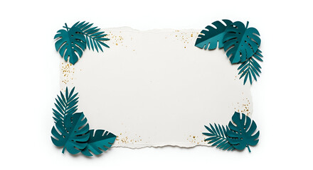 Paper Cutout Tropical Frame Teal Monstera and Palm Leaves with Gold Glitter.