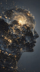 Surreal Epic Illustration of Human Head Silhouette Filled with Galaxies and Golden Light, Symbolizing Infinite Wisdom in Cinematic 8K