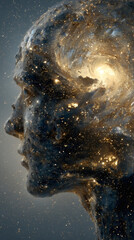 Surreal Epic Illustration of Human Head Silhouette Filled with Galaxies and Golden Light, Symbolizing Infinite Wisdom in Cinematic 8K