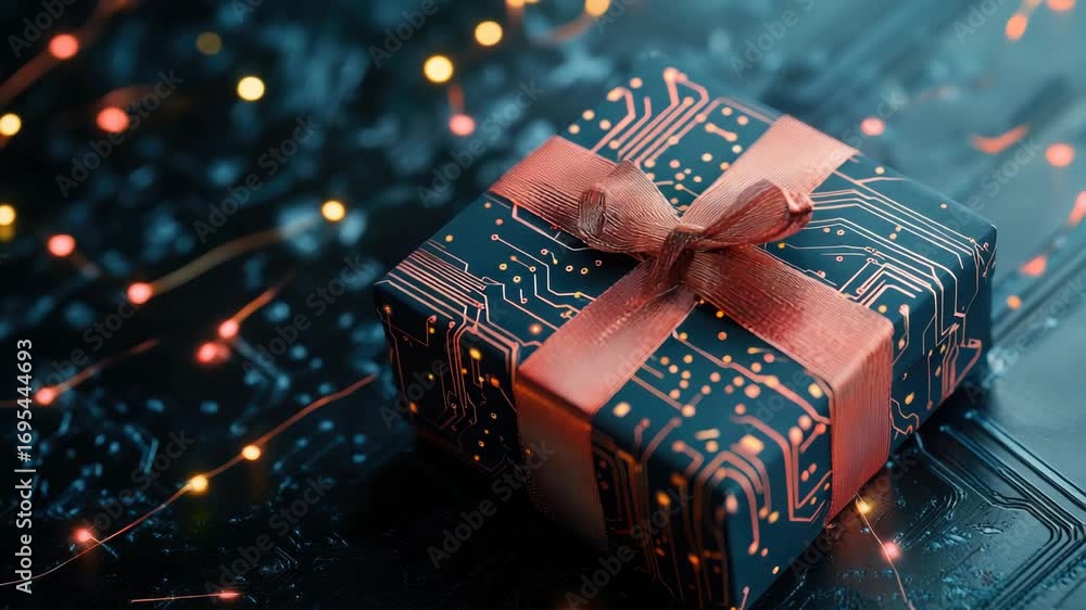 Poster wrapped gift with circuit board pattern and ribbon on tech-inspired background