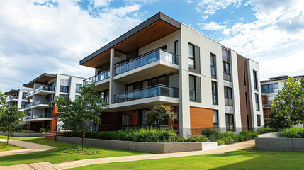 A modern apartment building with white and brown exterior, featuring balconies and greenery in the foreground.