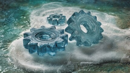 Frozen gears rest on icy terrain, light reflecting within their crystalline structure. Cold, abstract and conceptual