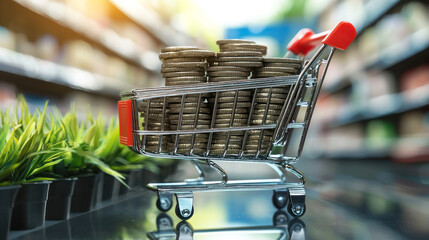 A miniature shopping cart filled with coins, placed on a black surface in a grocery store aisle.