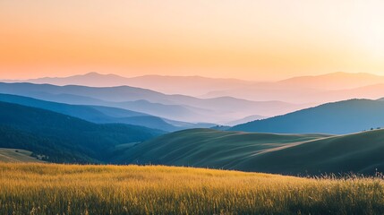 Rolling Hills Mountain Range Landscape at Golden Hour A Serene Nature